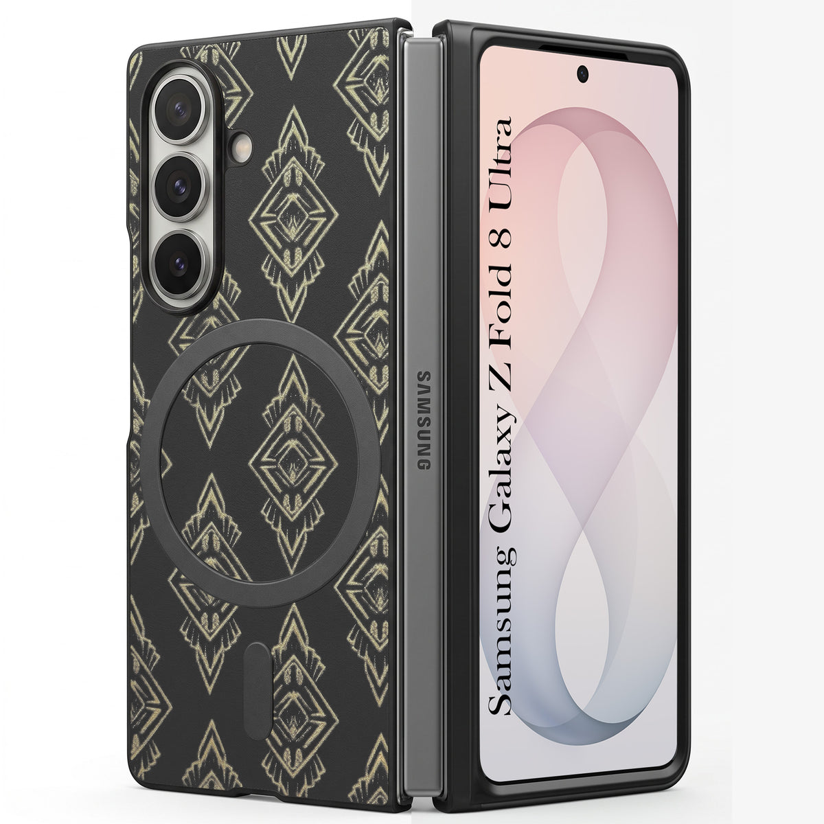 For Samsung Galaxy Z Fold 8 Ultra Back Cover Case Premium Magnetic (MagSafe Compatible | 180° Folding Design | Geometric Gold Pattern | Soft Microfiber Inner Lining)