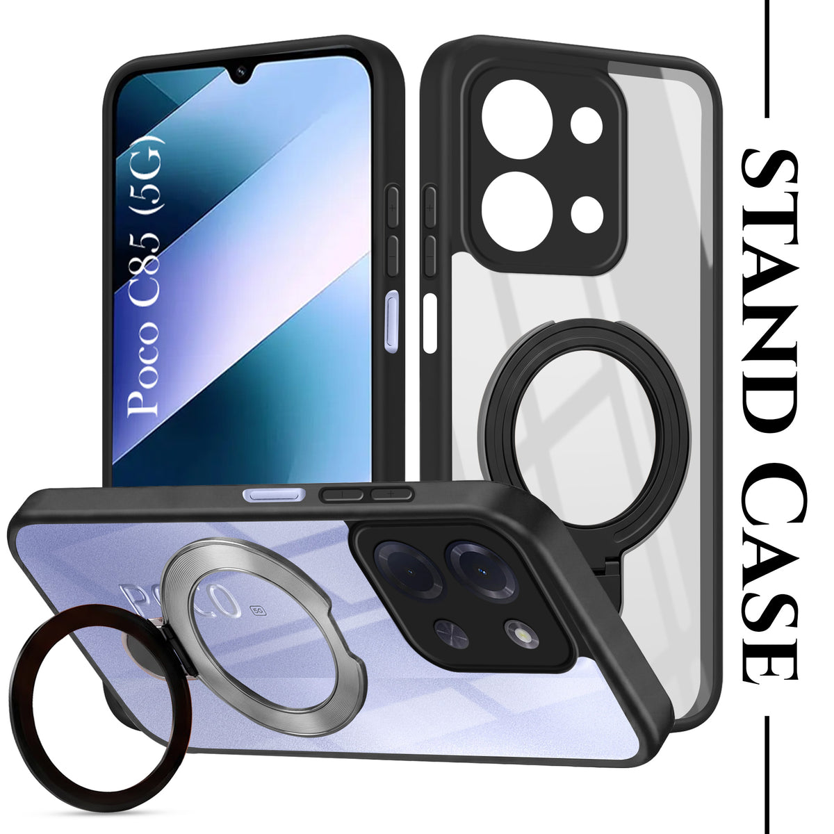 For Poco C85 5G Back Cover Case (Kick Stand Ring Holder | Life time Anti Yellow | Camera Protection)
