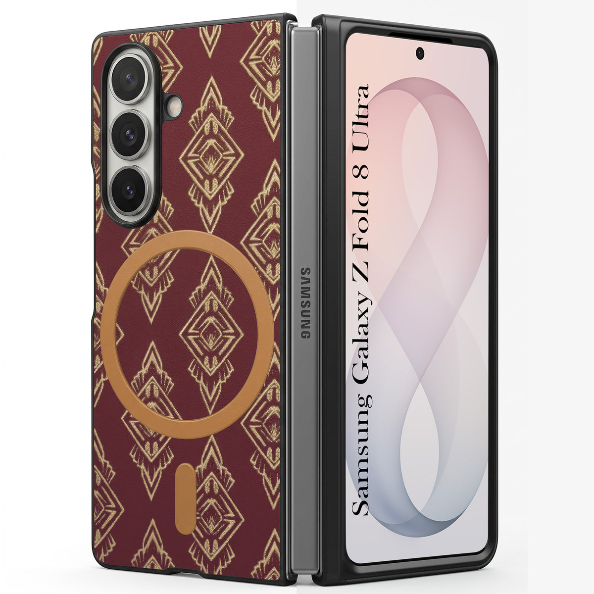 For Samsung Galaxy Z Fold 8 Ultra Back Cover Case Premium Magnetic (MagSafe Compatible | 180° Folding Design | Geometric Gold Pattern | Soft Microfiber Inner Lining)