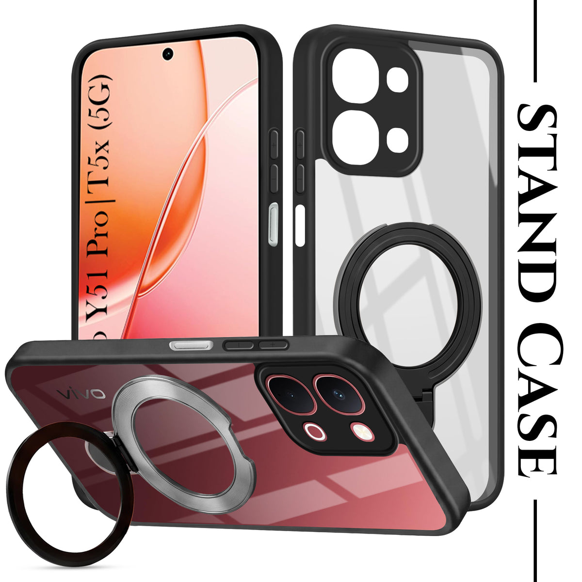 For Vivo Y51 Pro 5G | Vivo T5x Back Cover Case (Kick Stand Ring Holder | Life time Anti Yellow | Camera Protection)