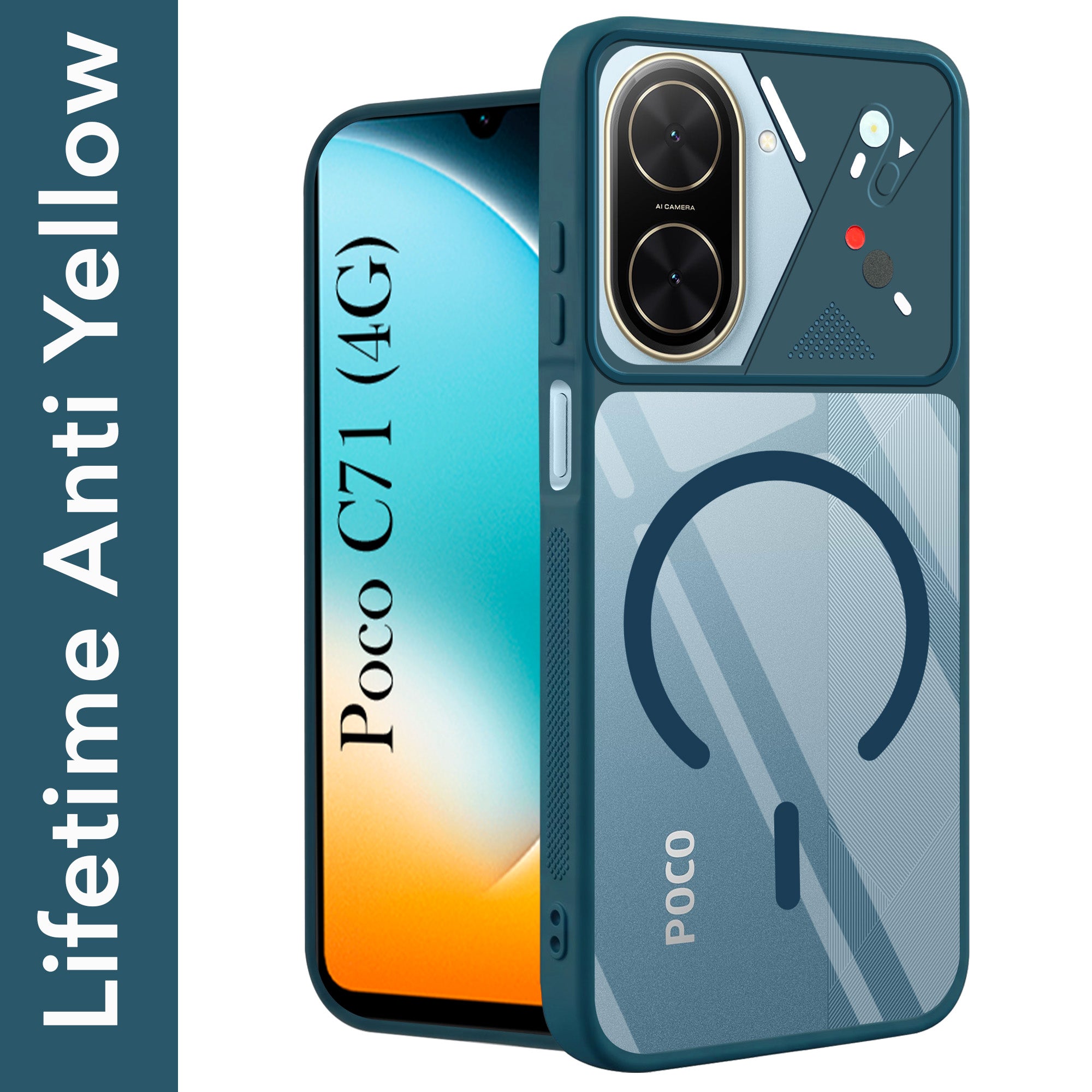 For Poco C71 Back Cover Case Lifetime Anti-Yellow Clear (Camera Protection | Side Grip | Wireless MagSafe Compatible)