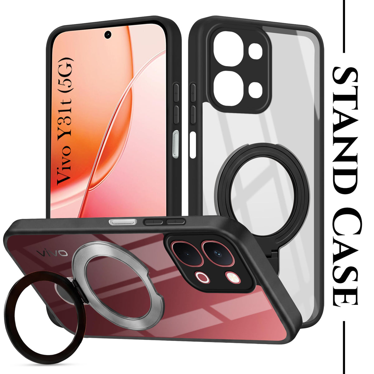 For Vivo Y31T 5G ack Cover Case (Kick Stand Ring Holder | Life time Anti Yellow | Camera Protection)