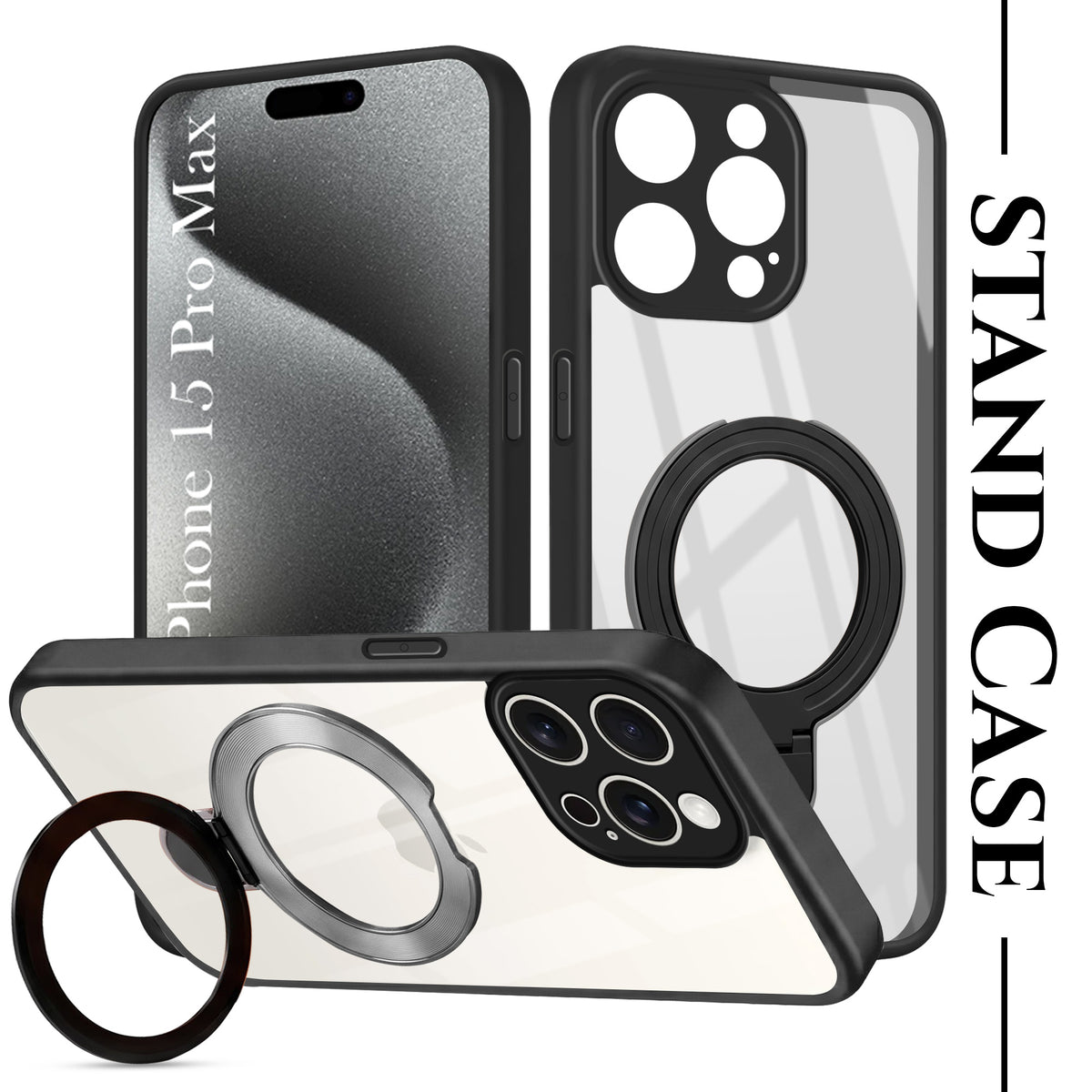 For Apple iPhone 15 Pro Max Back Cover Case (Kick Stand Ring Holder | Life time Anti Yellow | Camera Protection)