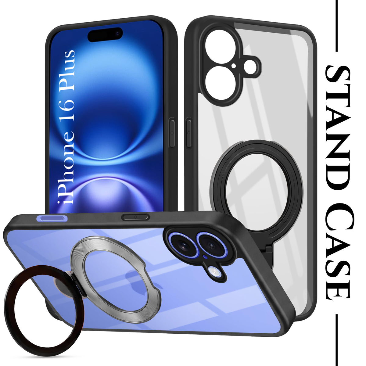 For Apple iPhone 16 Plus Back Cover Case (Kick Stand Ring Holder | Life time Anti Yellow | Camera Protection)