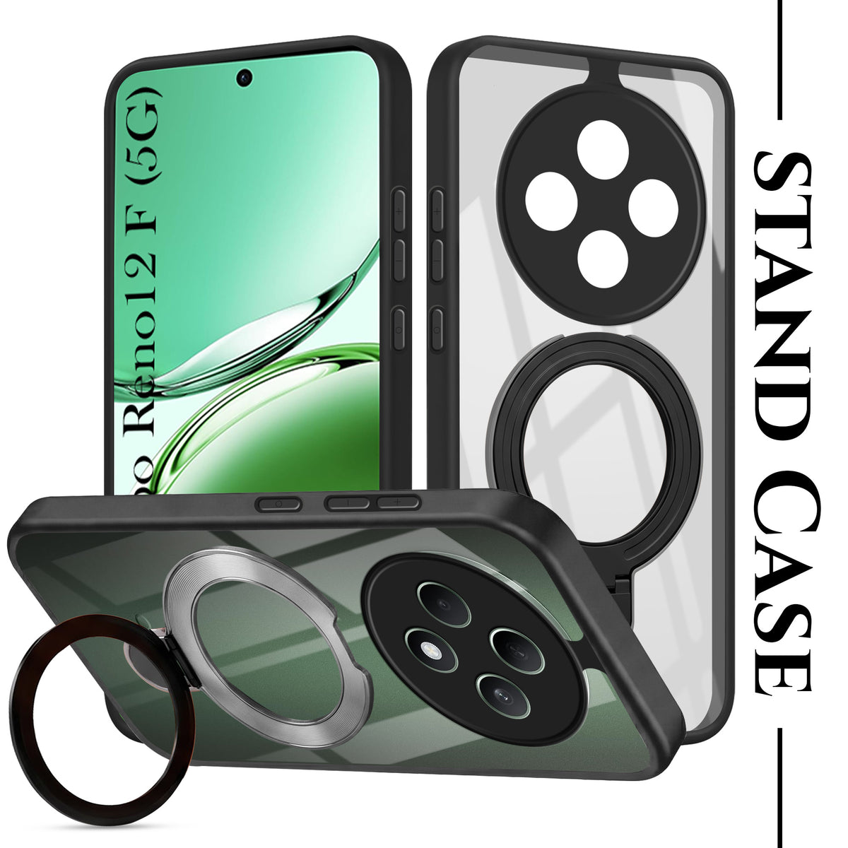 For Oppo Reno 12F 5G Back Cover Case (Kick Stand Ring Holder | Life time Anti Yellow | Camera Protection)