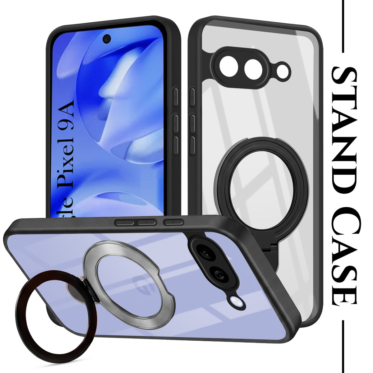 For Google Pixel 9A Back Cover Case (Kick Stand Ring Holder | Life time Anti Yellow | Camera Protection)