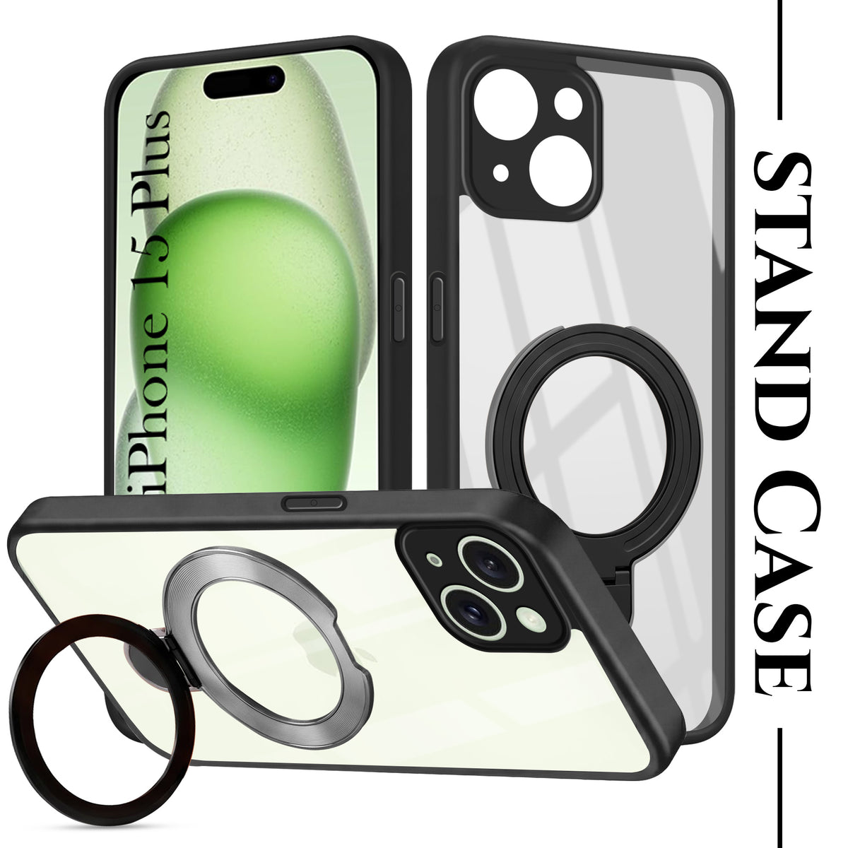 For iPhone 15 Plus Back Cover Case (Kick Stand Ring Holder | Life time Anti Yellow | Camera Protection)