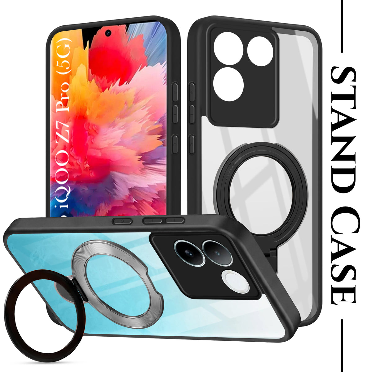 For Vivo iQOO Z7 Pro Back Cover Case (Kick Stand Ring Holder | Life time Anti Yellow | Camera Protection)