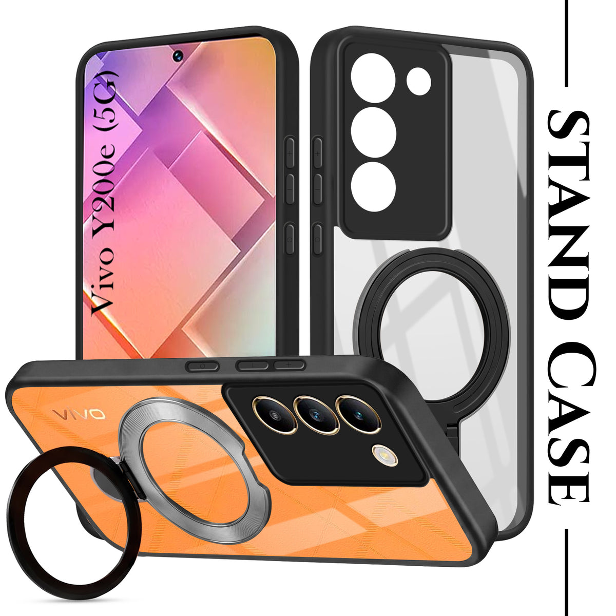 For Vivo Y200e Back Cover Case (Kick Stand Ring Holder | Life time Anti Yellow | Camera Protection)