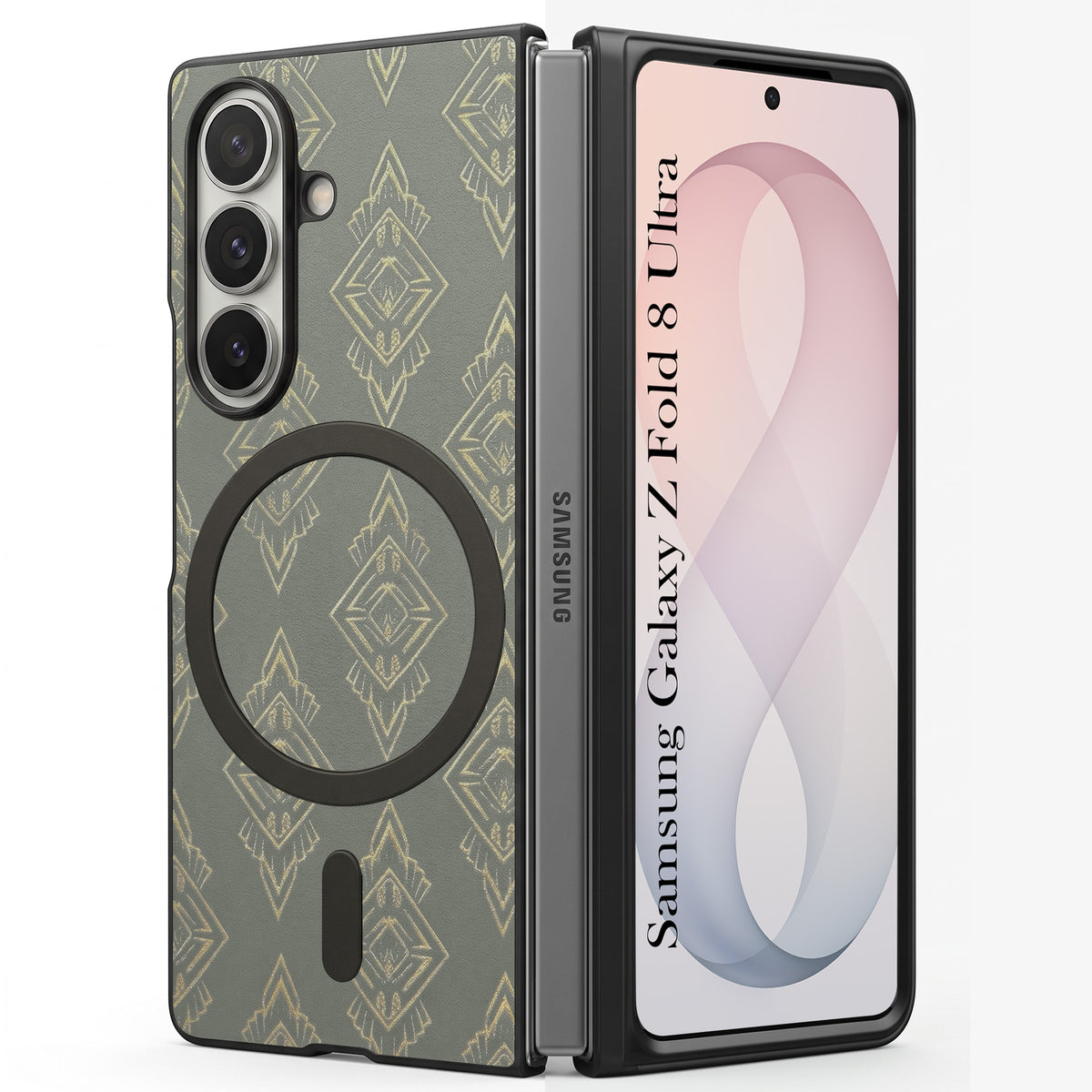 For Samsung Galaxy Z Fold 8 Ultra Back Cover Case Premium Magnetic (MagSafe Compatible | 180° Folding Design | Geometric Gold Pattern | Soft Microfiber Inner Lining)