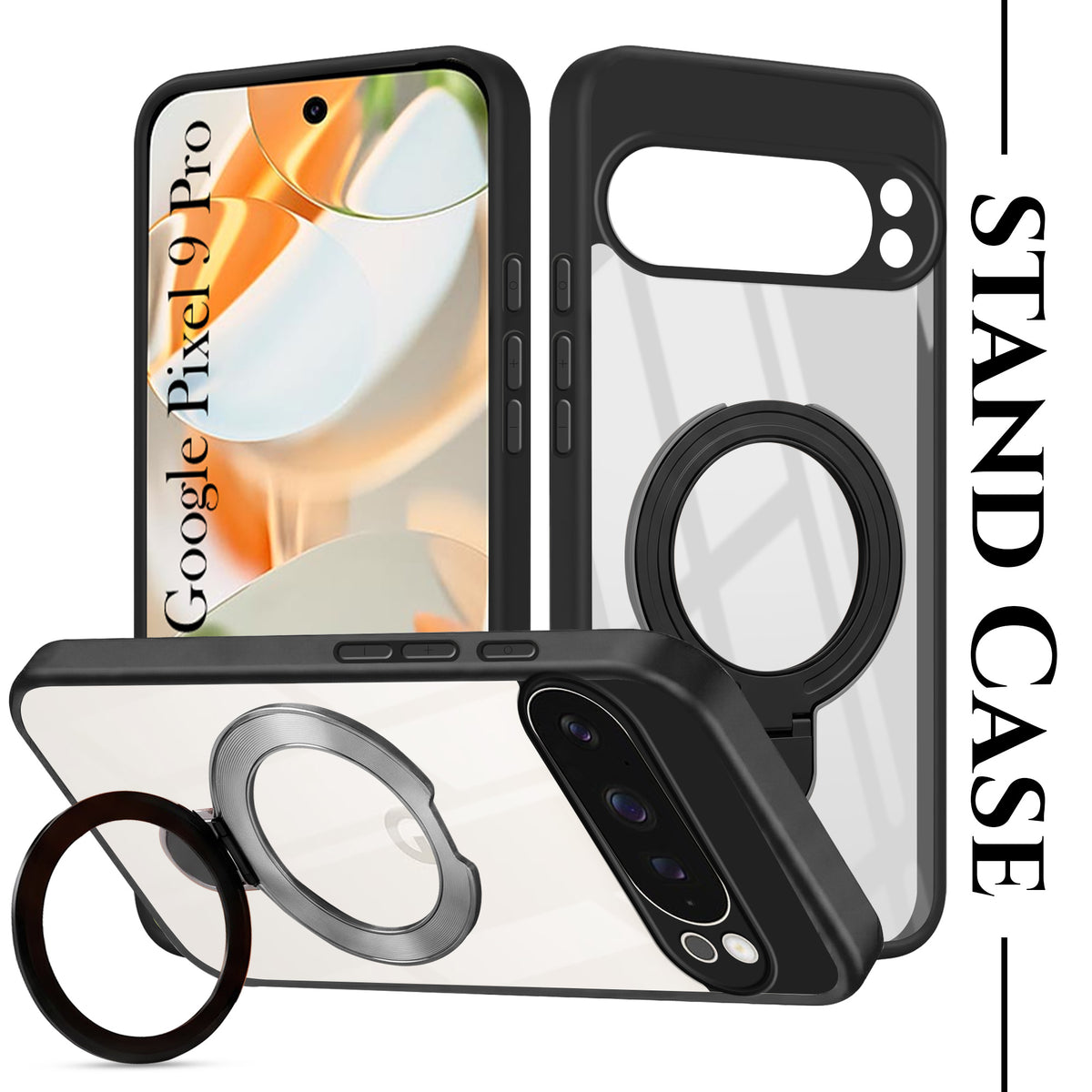 For Google Pixel 9 Pro Back Cover Case (Kick Stand Ring Holder | Life time Anti Yellow | Camera Protection)