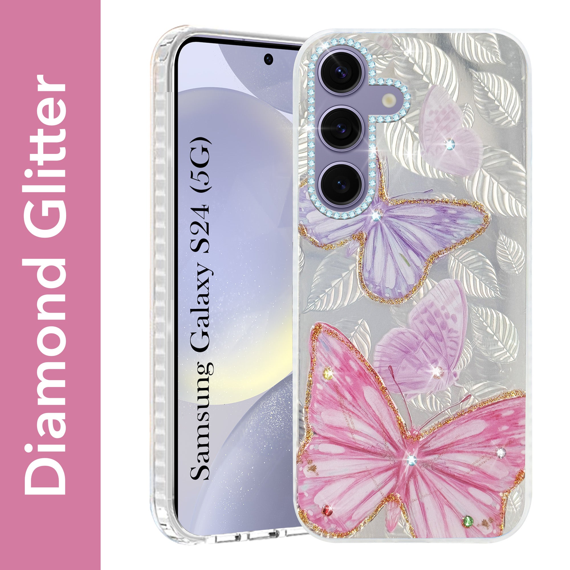 For Samsung Galaxy S24 Back Cover Case (Luxury Floral Glitter Cute Butterfly | Diamond Studded Camera Bump | Girls & Women Design)