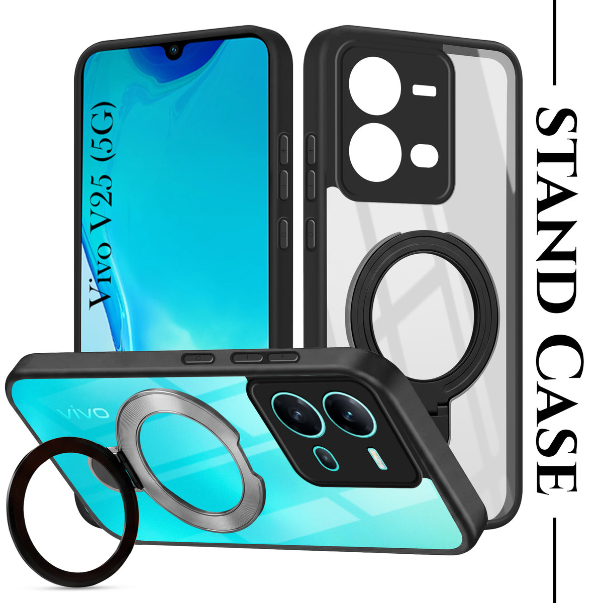 For Vivo V25 5G Back Cover Case (Kick Stand Ring Holder | Life time Anti Yellow | Camera Protection)