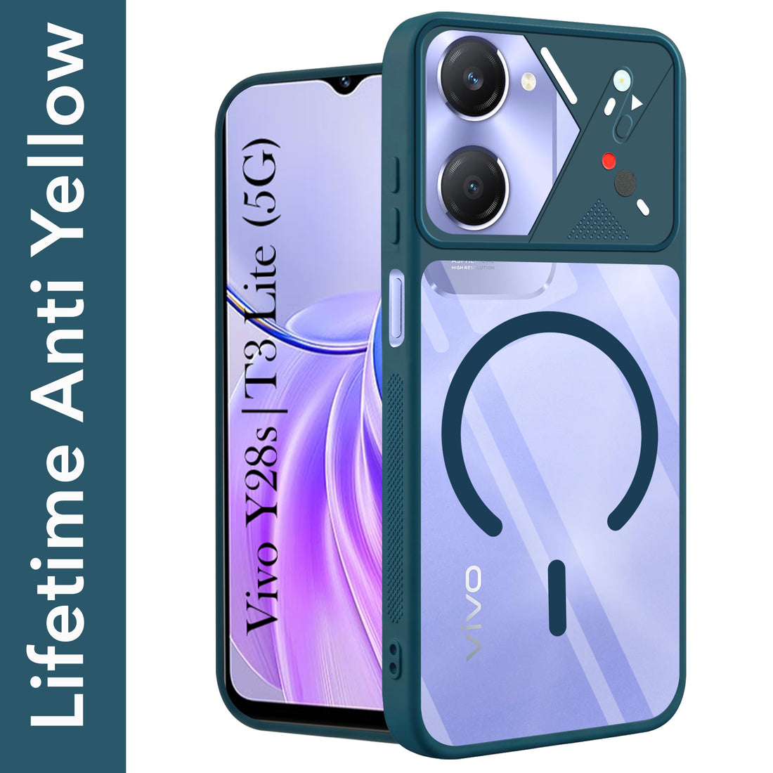 For Vivo Y28s 5G | Vivo T3 Lite 5G Back Cover Case Lifetime Anti-Yellow Clear (Camera Protection | Side Grip | Wireless MagSafe Compatible)