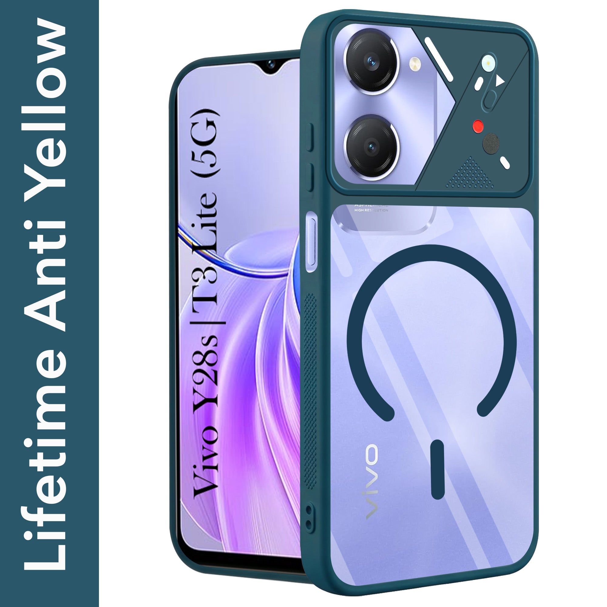 For Vivo Y28s 5G | Vivo T3 Lite 5G Back Cover Case Lifetime Anti-Yellow Clear (Camera Protection | Side Grip | Wireless MagSafe Compatible)
