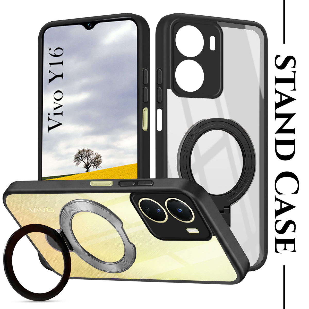 For Vivo Y16 Back Cover Case (Kick Stand Ring Holder | Life time Anti Yellow | Camera Protection)