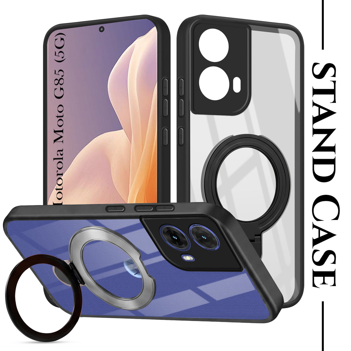 For Motorola Moto G85 5G Back Cover Case (Kick Stand Ring Holder | Life time Anti Yellow | Camera Protection)