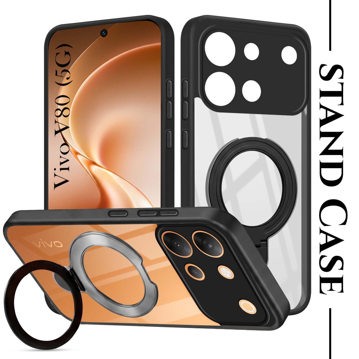 For Vivo V80 5G Back Cover Case (Kick Stand Ring Holder | Life time Anti Yellow | Camera Protection)