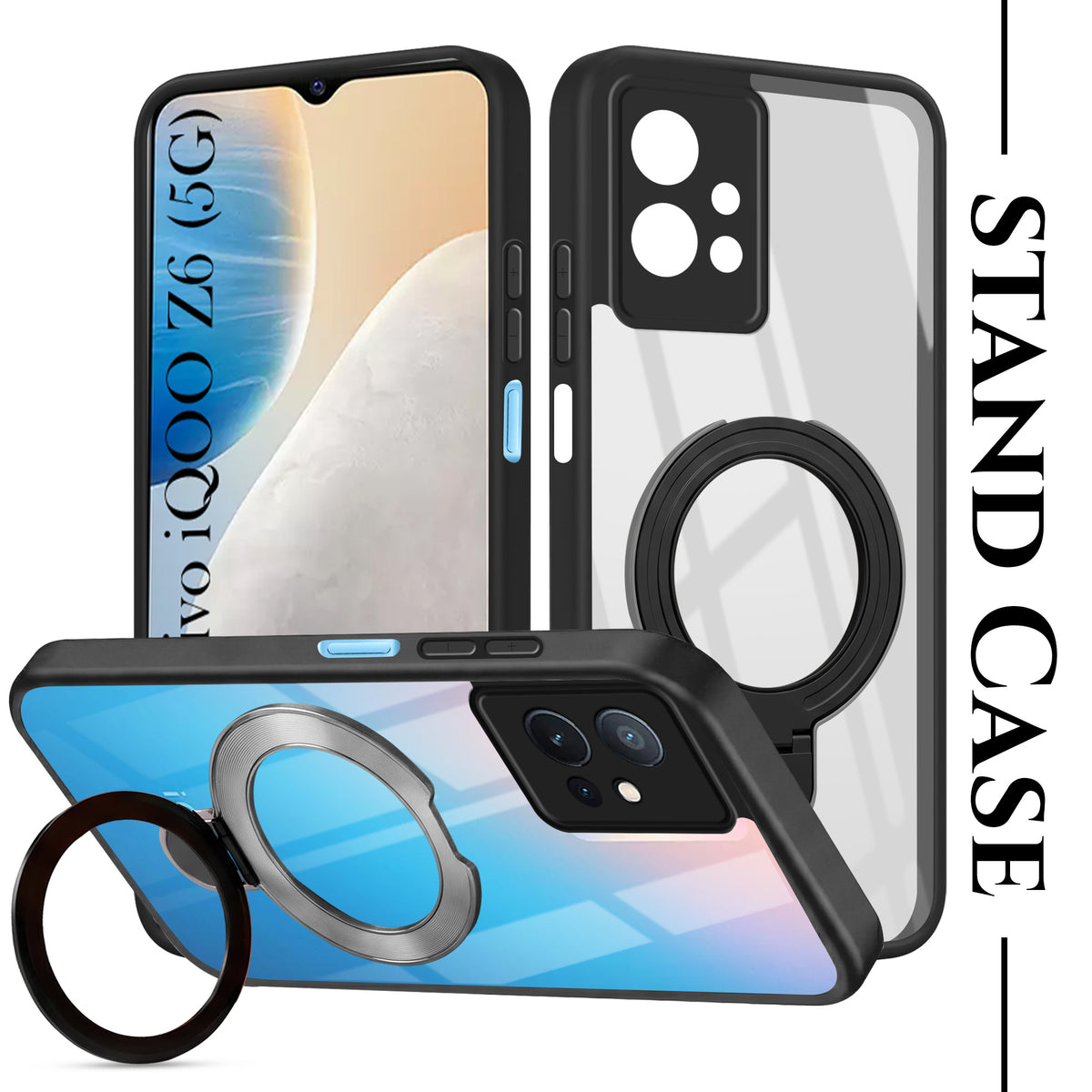 For Vivo iQOO Z6 5G Back Cover Case (Kick Stand Ring Holder | Life time Anti Yellow | Camera Protection)