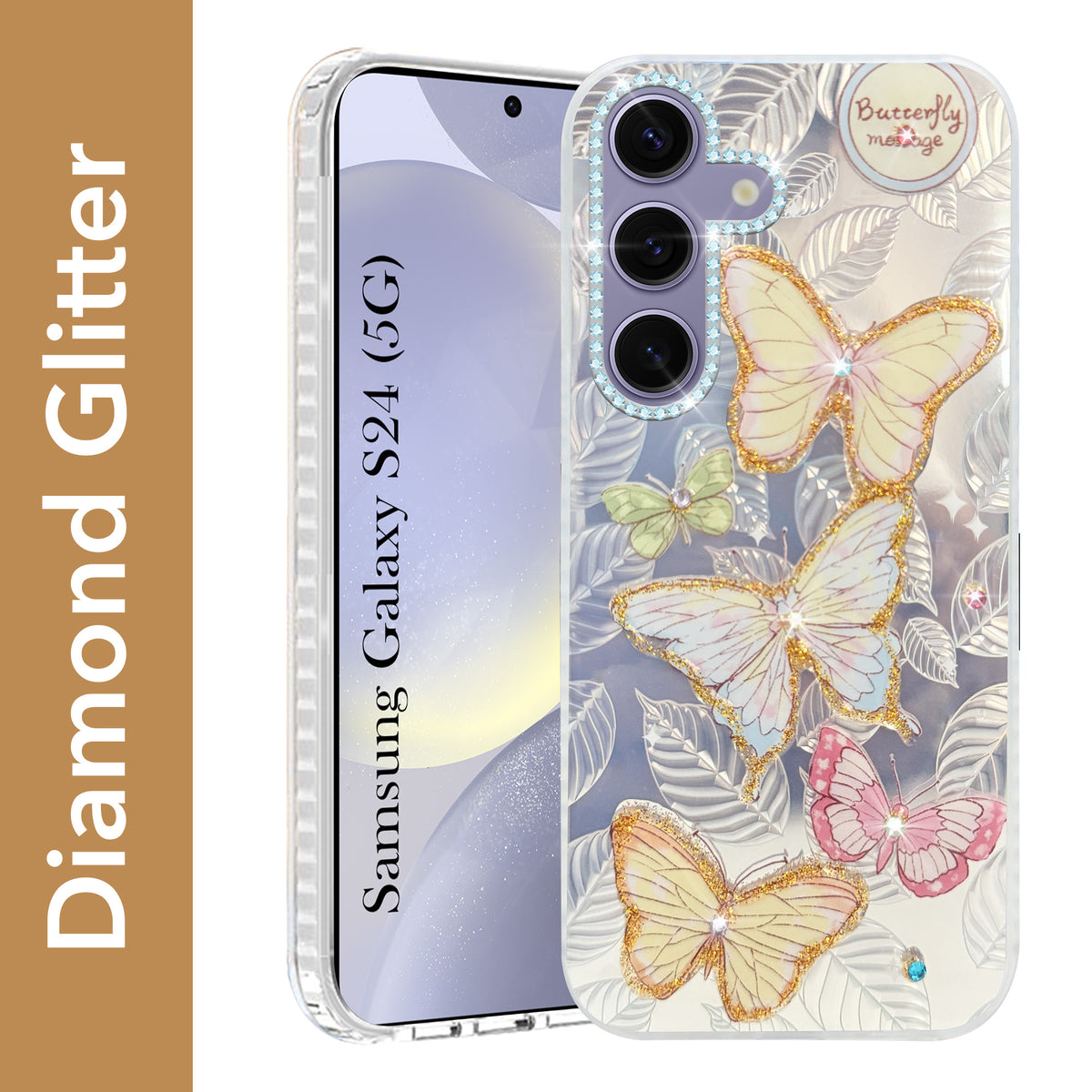 For Samsung Galaxy S24 Back Cover Case (Luxury Floral Glitter Cute Butterfly | Diamond Studded Camera Bump | Girls & Women Design)