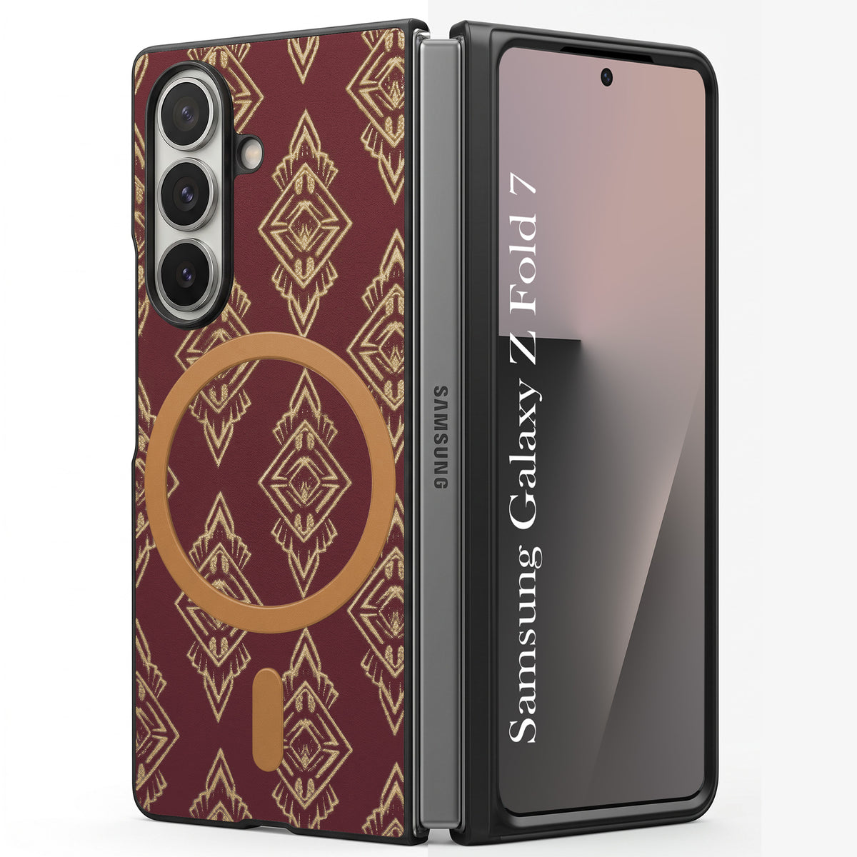 For Samsung Galaxy Z Fold 7 Back Cover Case Premium Magnetic (MagSafe Compatible | 180° Folding Design | Geometric Gold Pattern | Soft Microfiber Inner Lining)