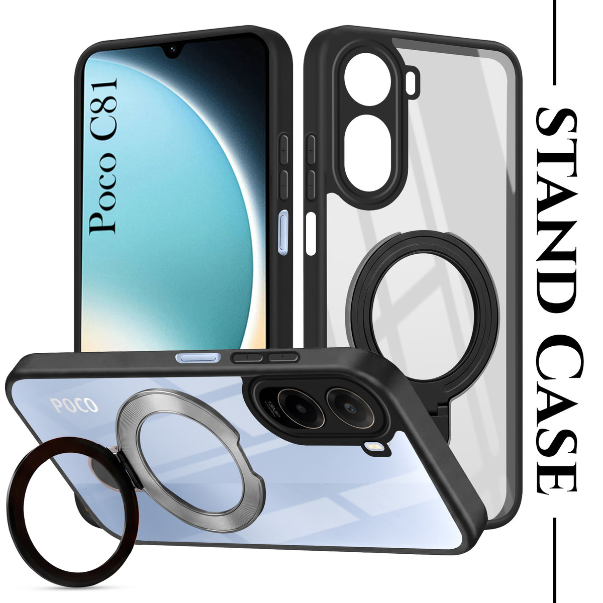 For Poco C81 5G Back Cover Case (Kick Stand Ring Holder | Life time Anti Yellow | Camera Protection)