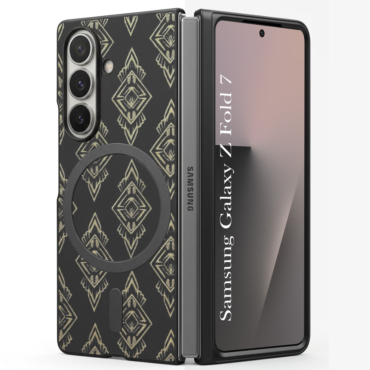 For Samsung Galaxy Z Fold 7 Back Cover Case Premium Magnetic (MagSafe Compatible | 180° Folding Design | Geometric Gold Pattern | Soft Microfiber Inner Lining)