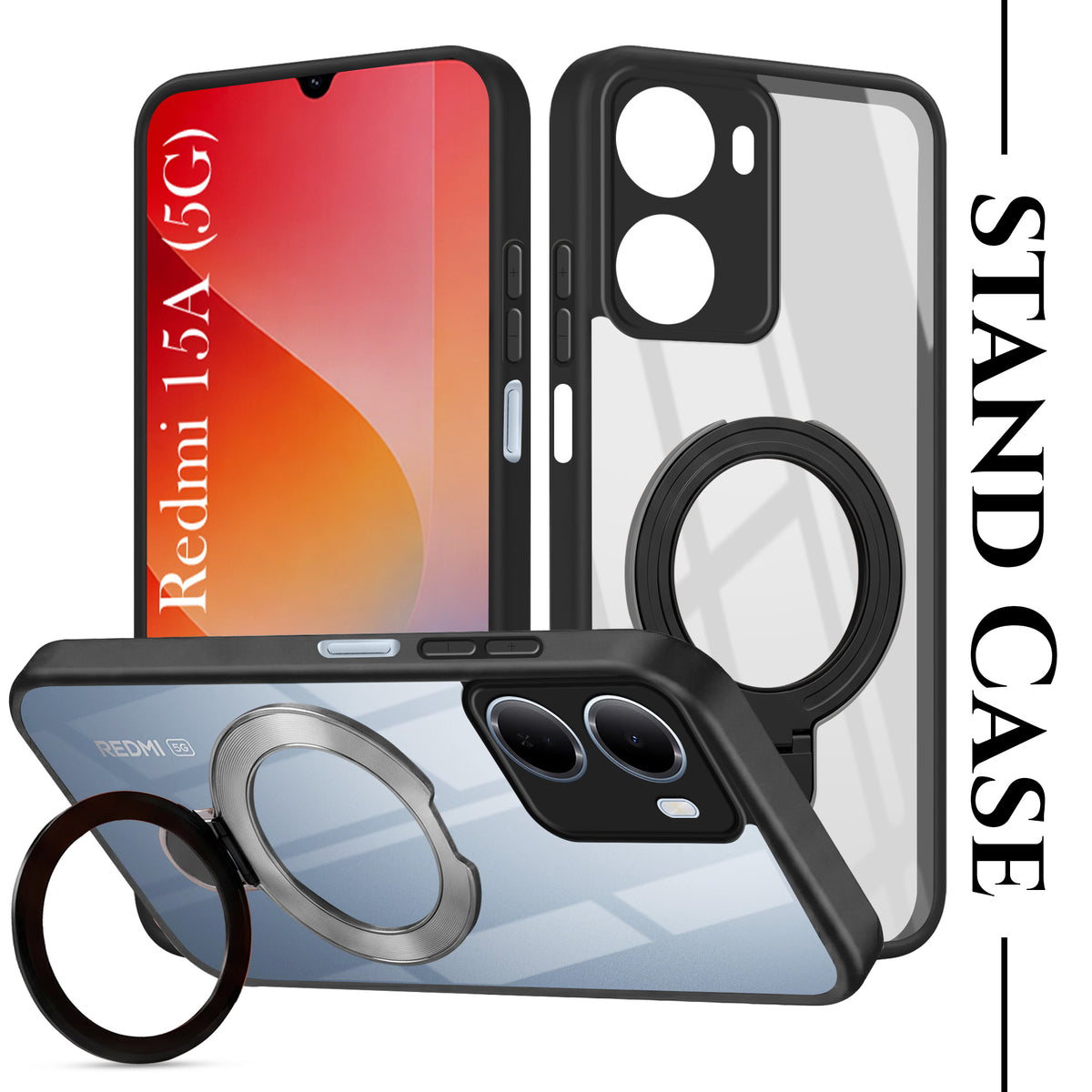 For Redmi 15A 5G Back Cover Case (Kick Stand Ring Holder | Life time Anti Yellow | Camera Protection)
