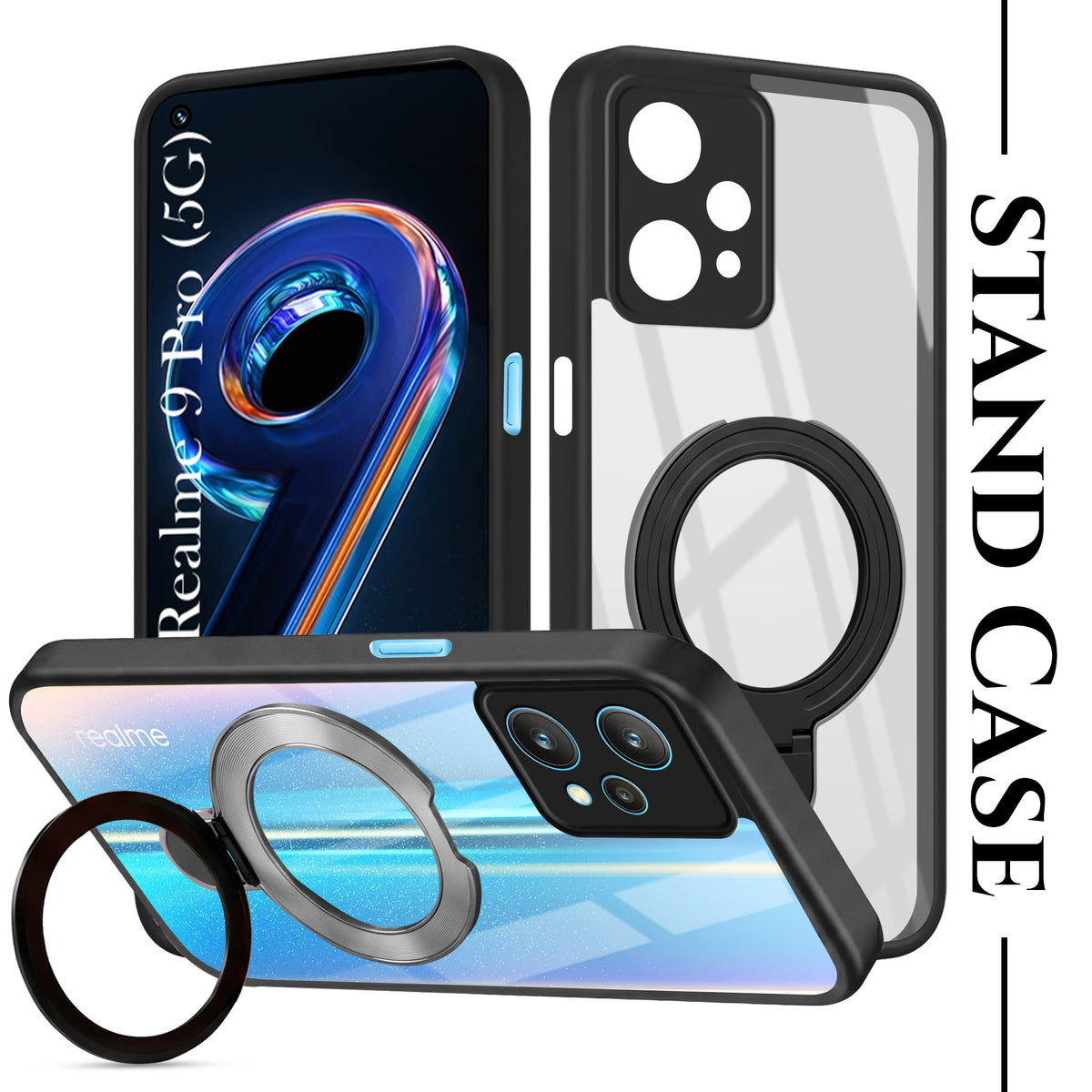 For Realme 9 Pro Back Cover Case (Kick Stand Ring Holder | Life time Anti Yellow | Camera Protection)