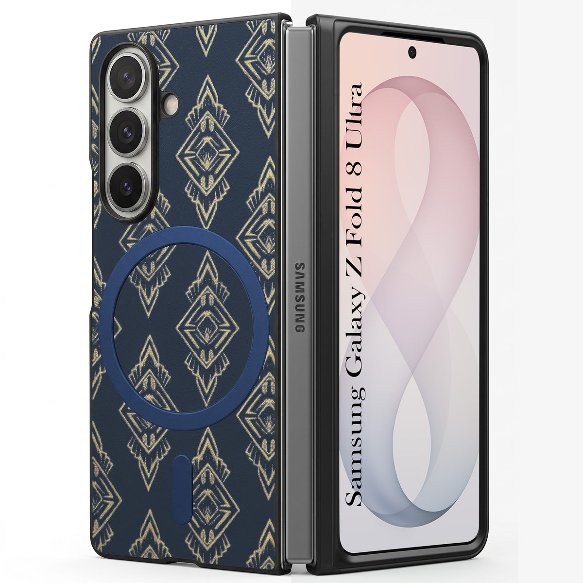 For Samsung Galaxy Z Fold 8 Ultra Back Cover Case Premium Magnetic (MagSafe Compatible | 180° Folding Design | Geometric Gold Pattern | Soft Microfiber Inner Lining)