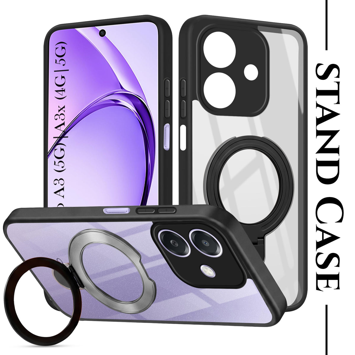 For Oppo A3X (4G/5G) | Oppo A3 5G Back Cover Case (Kick Stand Ring Holder | Life time Anti Yellow | Camera Protection)