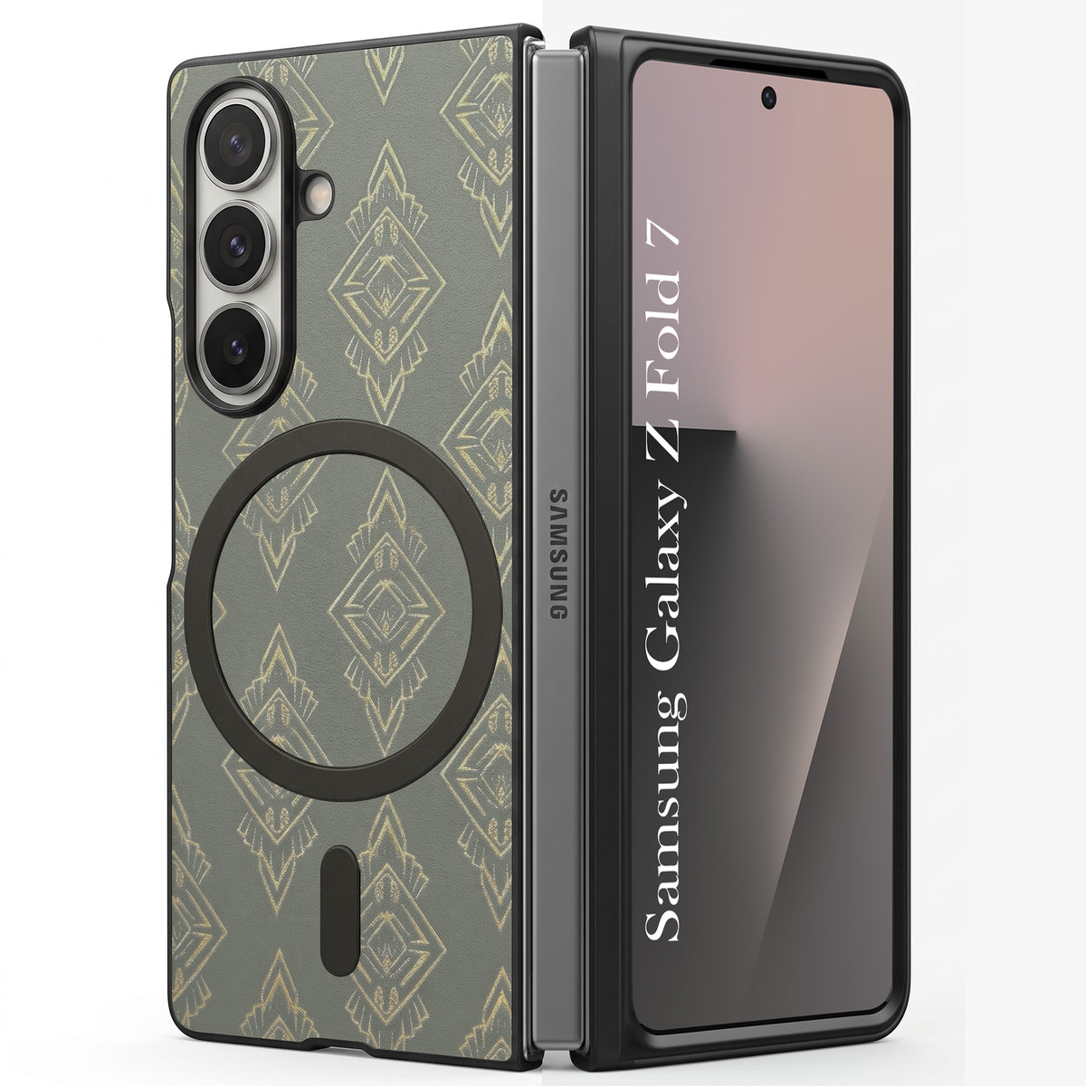 For Samsung Galaxy Z Fold 7 Back Cover Case Premium Magnetic (MagSafe Compatible | 180° Folding Design | Geometric Gold Pattern | Soft Microfiber Inner Lining)
