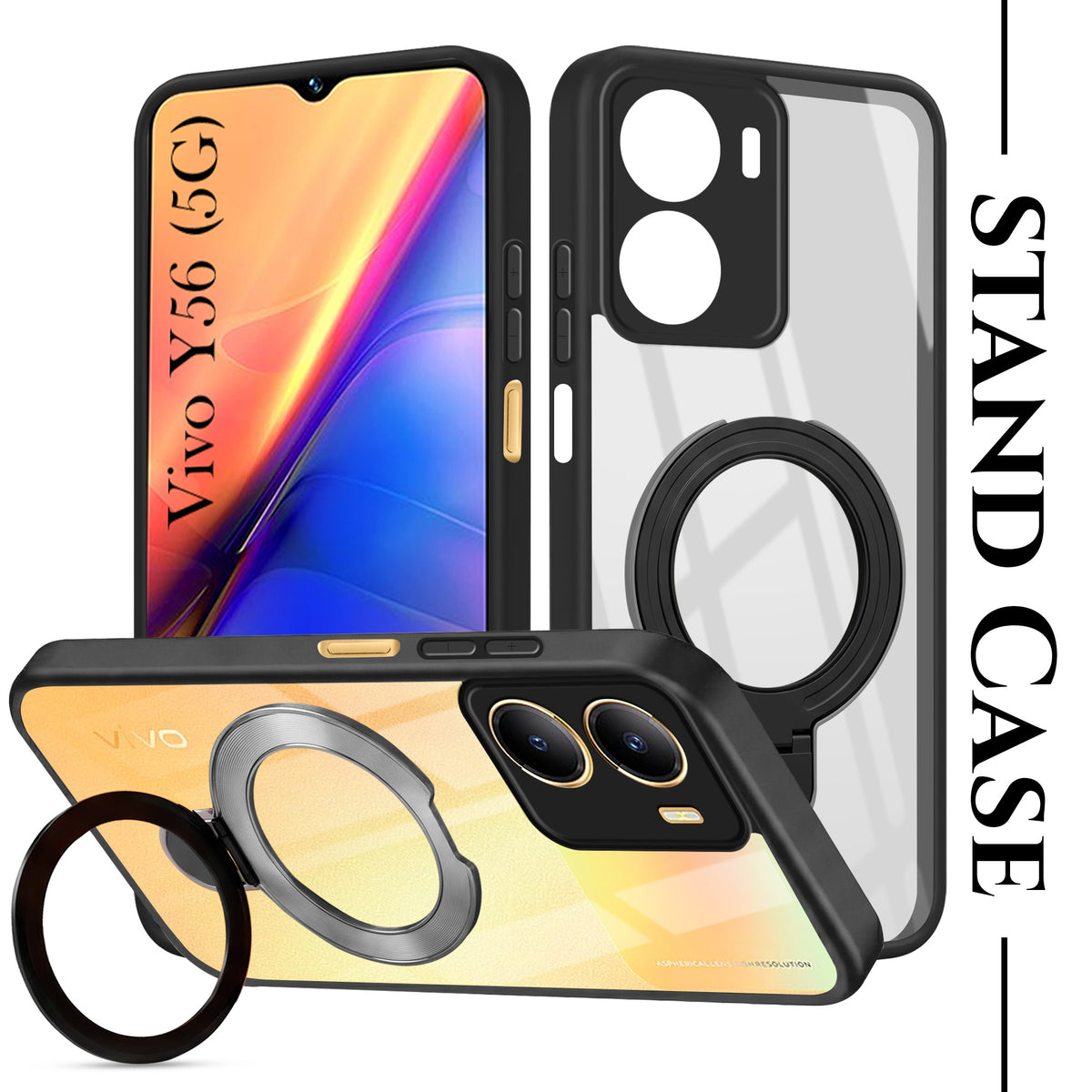 For Vivo Y56 5G Back Cover Case (Kick Stand Ring Holder | Life time Anti Yellow | Camera Protection)