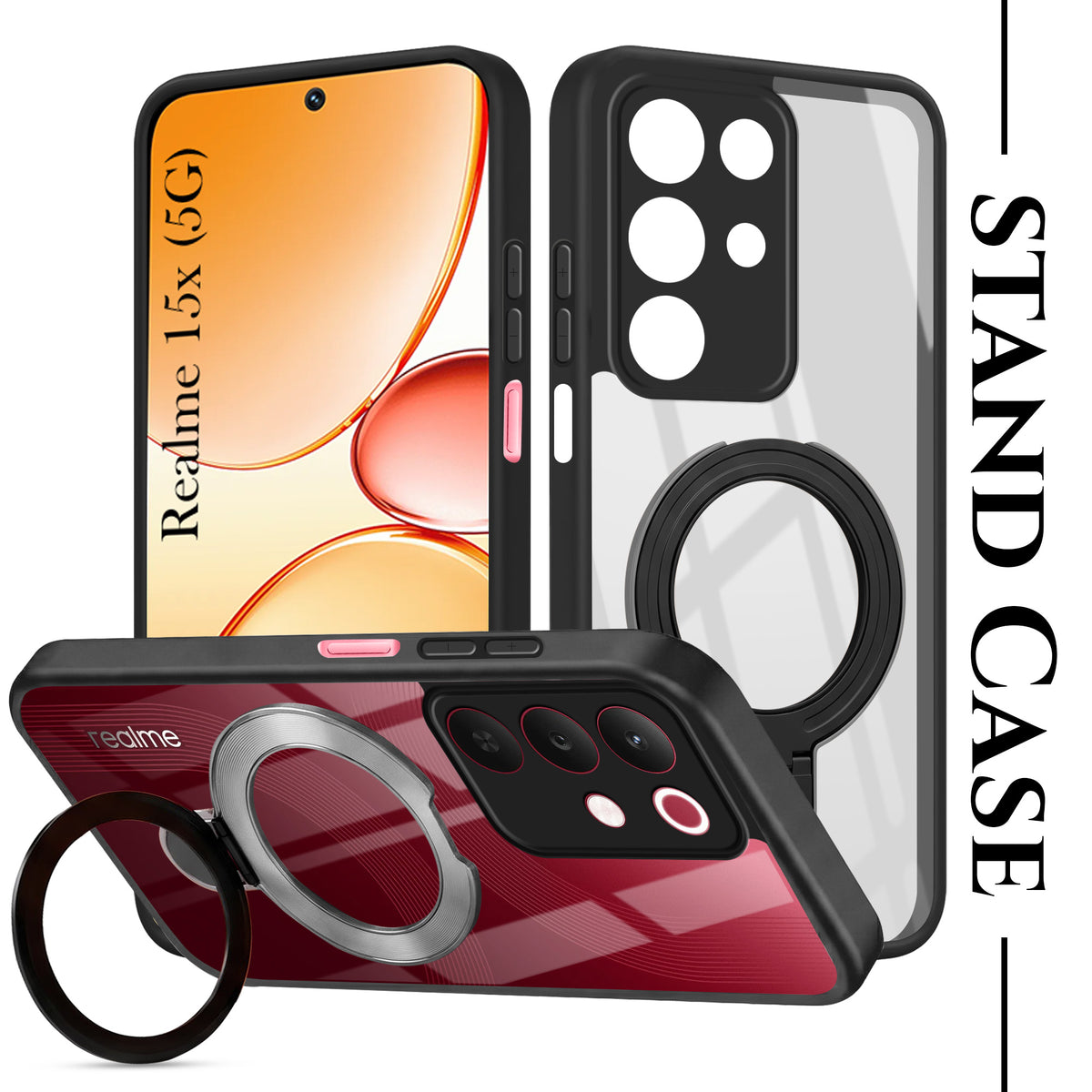 For Realme 15X Back Cover Case (Kick Stand Ring Holder | Life time Anti Yellow | Camera Protection)