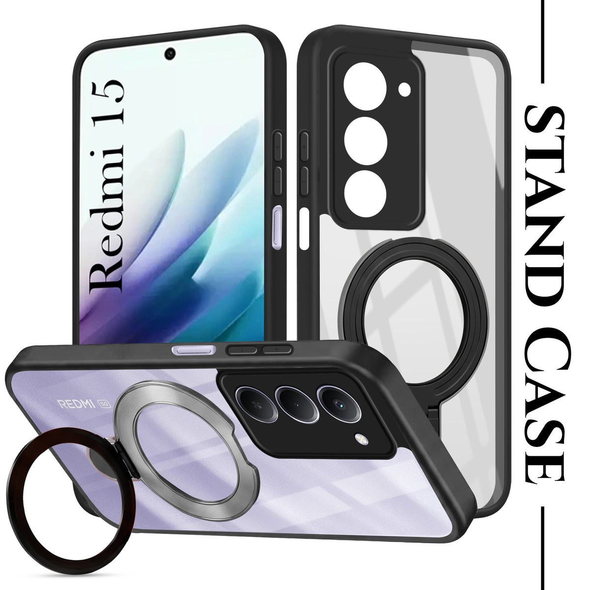 For Redmi 15 Back Cover Case (Kick Stand Ring Holder | Life time Anti Yellow | Camera Protection)