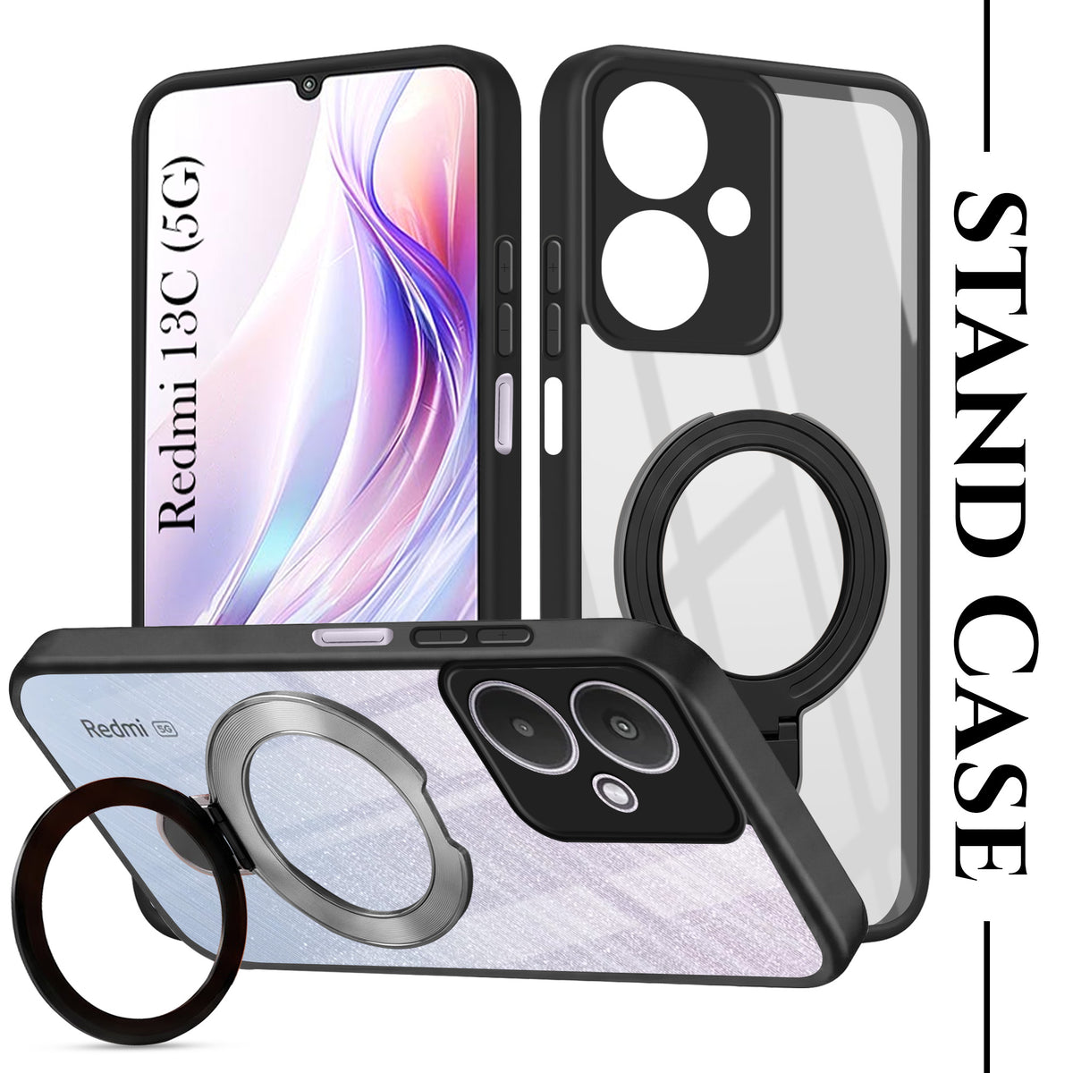 For Redmi 13C 5G Back Cover Case (Kick Stand Ring Holder | Life time Anti Yellow | Camera Protection)