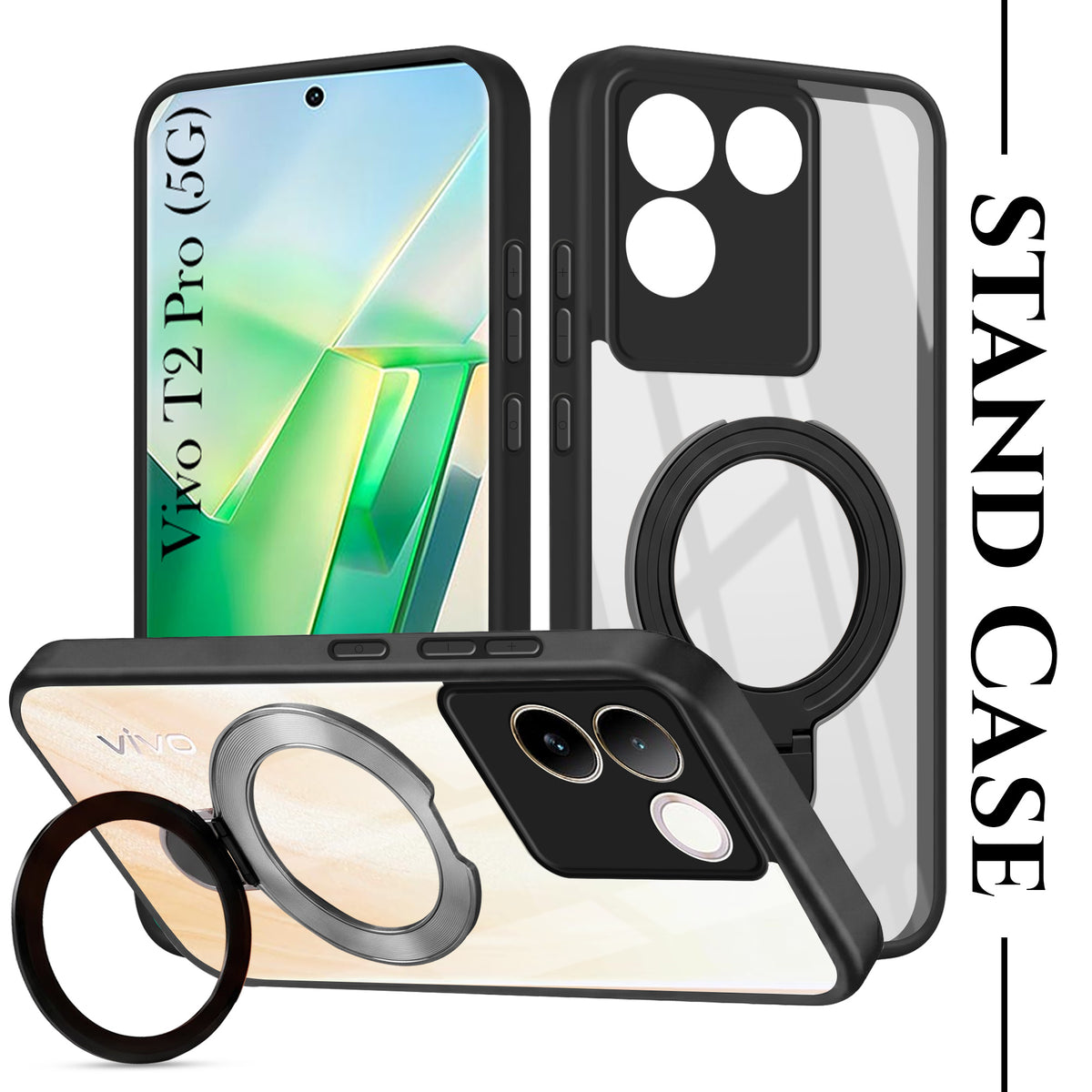 For Vivo T2 Pro Back Cover Case (Kick Stand Ring Holder | Life time Anti Yellow | Camera Protection)