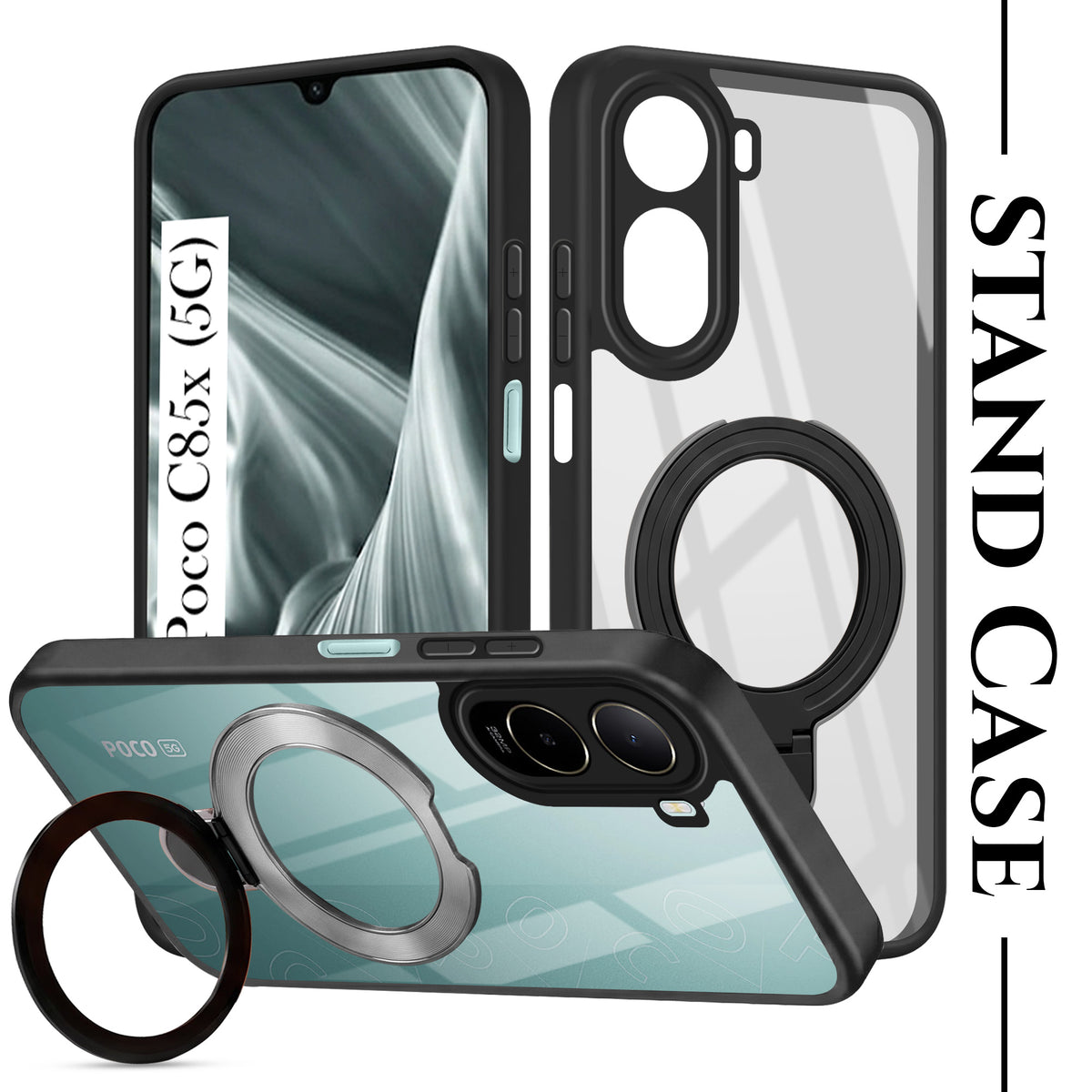 For Poco C85x 5G Back Cover Case (Kick Stand Ring Holder | Life time Anti Yellow | Camera Protection)