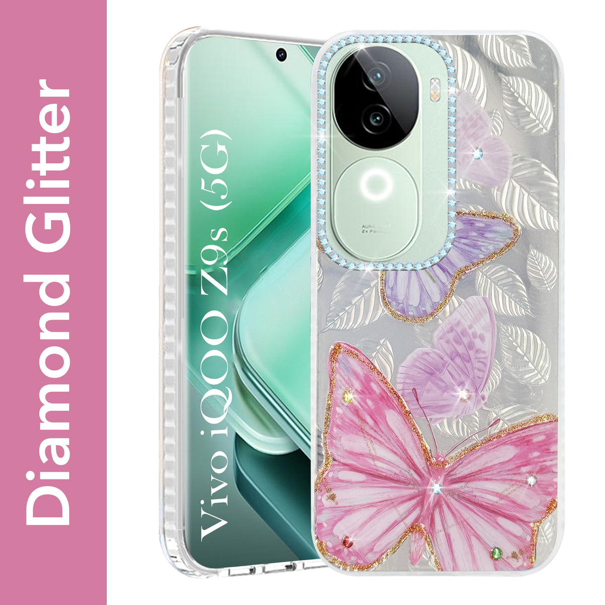 For Vivo iQOO Z9s  Back Cover Case (Luxury Floral Glitter Cute Butterfly | Diamond Studded Camera Bump | Girls & Women Design)