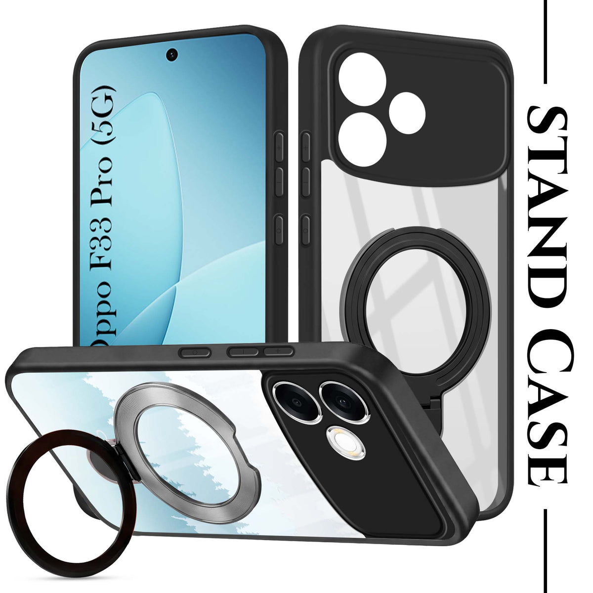 For Oppo F33 Pro 5G Back Cover Case (Kick Stand Ring Holder | Life time Anti Yellow | Camera Protection)