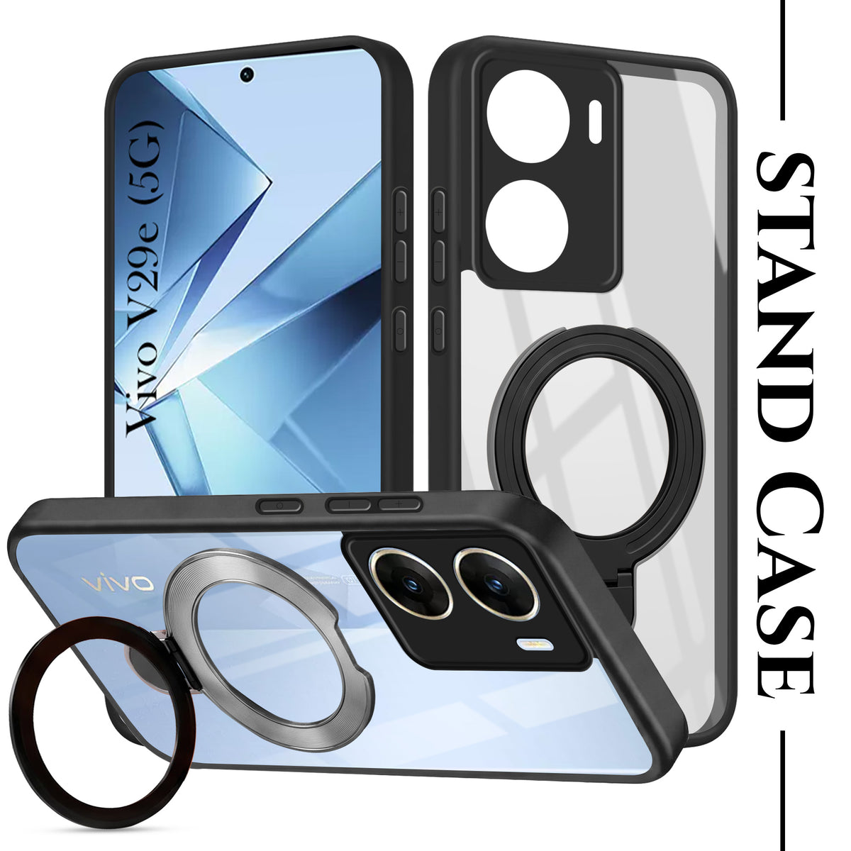 For Vivo V29e 5G Back Cover Case (Kick Stand Ring Holder | Life time Anti Yellow | Camera Protection)