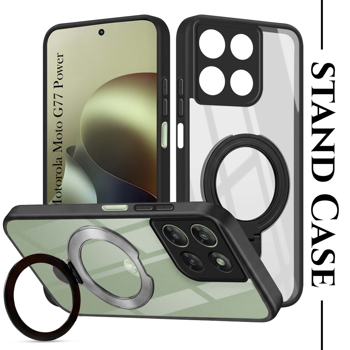 For Motorola Moto G77 Power Back Cover Case (Kick Stand Ring Holder | Life time Anti Yellow | Camera Protection)