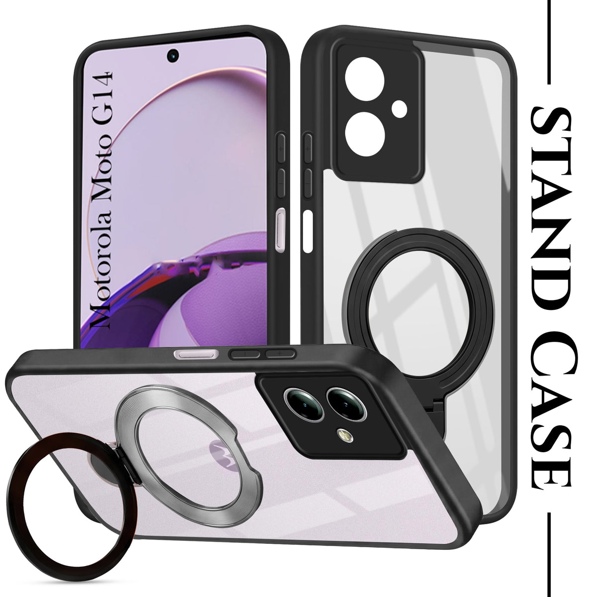 For Motorola Moto G14 Back Cover Case (Kick Stand Ring Holder | Life time Anti Yellow | Camera Protection)