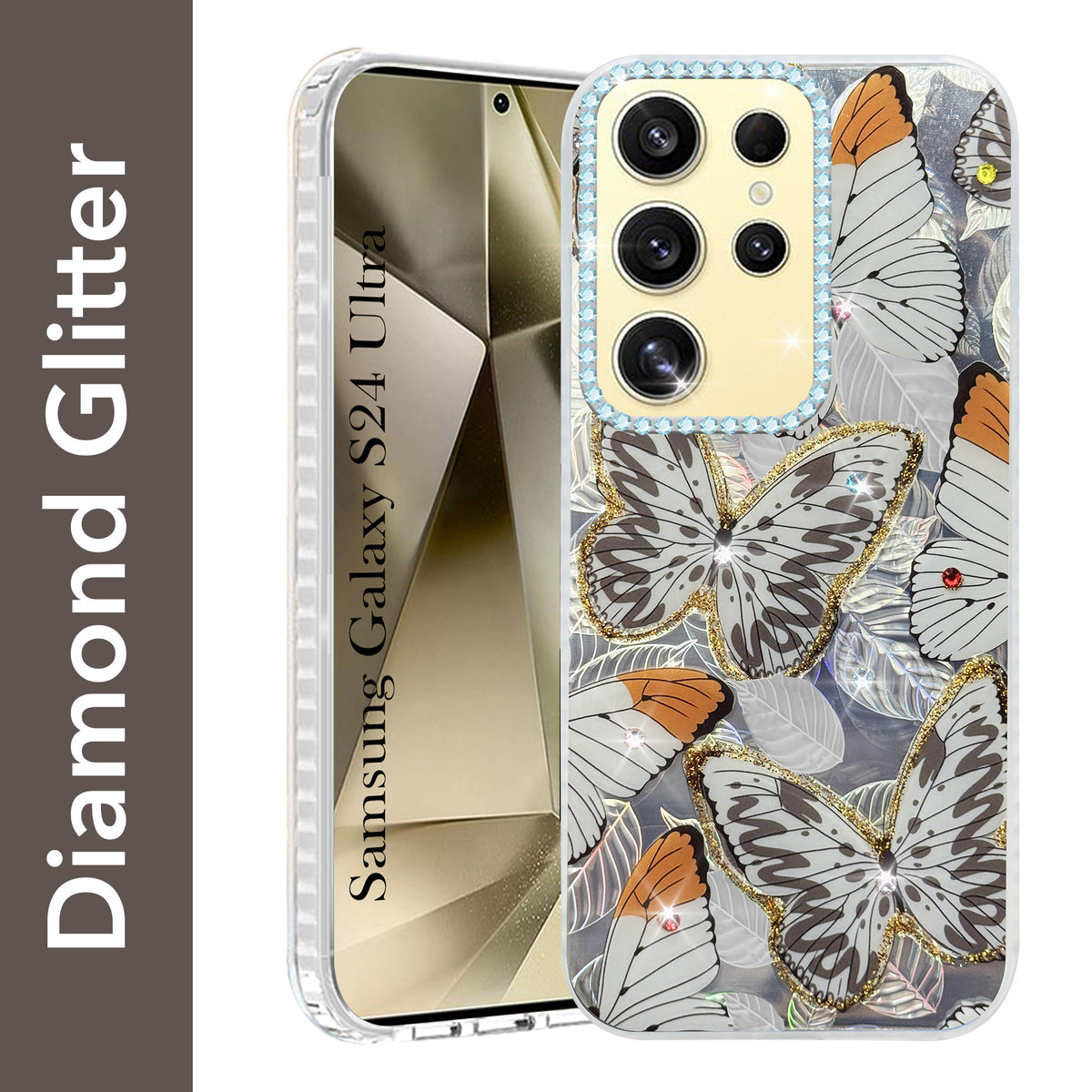For Samsung Galaxy S24 Ultra Back Cover Case (Luxury Floral Glitter Cute Butterfly | Diamond Studded Camera Bump | Girls & Women Design)