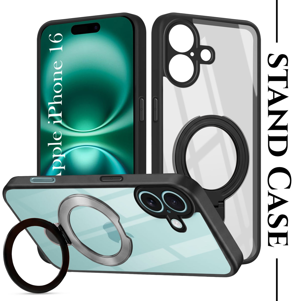 For Apple iPhone 16 Back Cover Case (Kick Stand Ring Holder | Life time Anti Yellow | Camera Protection)