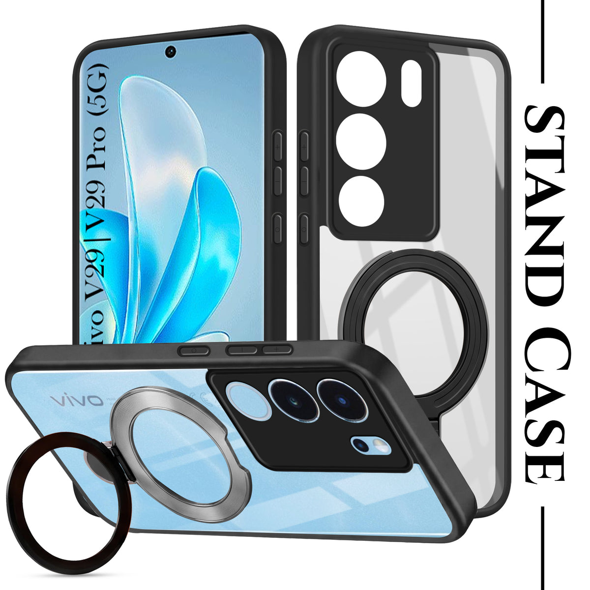 For Vivo V29 | Vivo V29 Pro 5G Back Cover Case (Kick Stand Ring Holder | Life time Anti Yellow | Camera Protection)