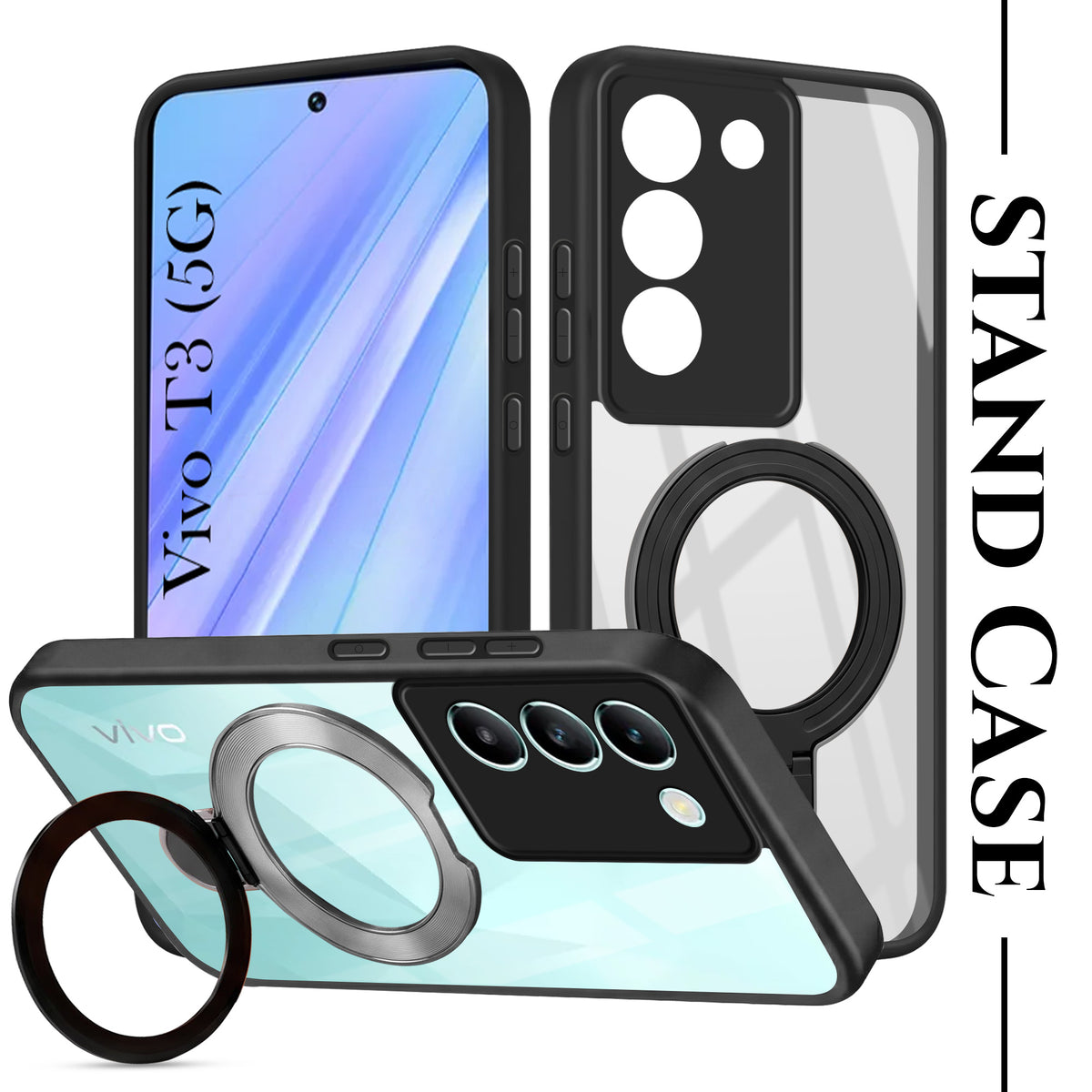 For Vivo T3 5G Back Cover Case (Kick Stand Ring Holder | Life time Anti Yellow | Camera Protection)