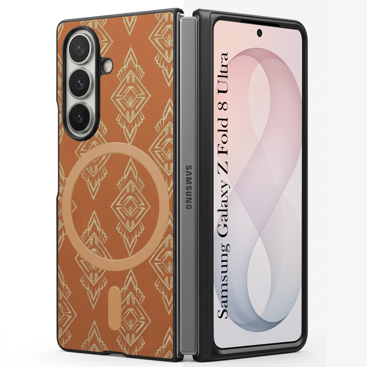 For Samsung Galaxy Z Fold 8 Ultra Back Cover Case Premium Magnetic (MagSafe Compatible | 180° Folding Design | Geometric Gold Pattern | Soft Microfiber Inner Lining)