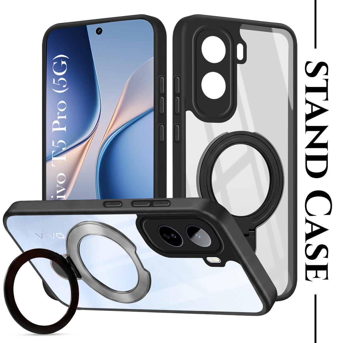 For Vivo T5 Pro Back Cover Case (Kick Stand Ring Holder | Life time Anti Yellow | Camera Protection)