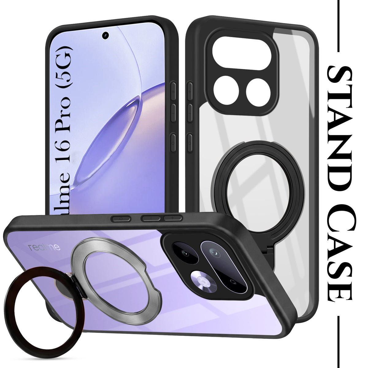 For Realme 16 Pro Back Cover Case (Kick Stand Ring Holder | Life time Anti Yellow | Camera Protection)